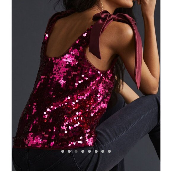 Maeve By Anthropologie Sequined Tie-Strap V-Neck Tank Top Medium Burgundy - Picture 3 of 15